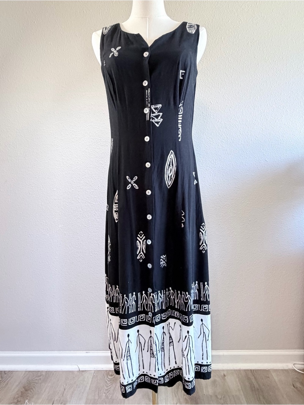 Vtg Gypsy Boho Maxi‎ Black Dress Sz 6P Artisan Tribal 90s Button Front Hippie